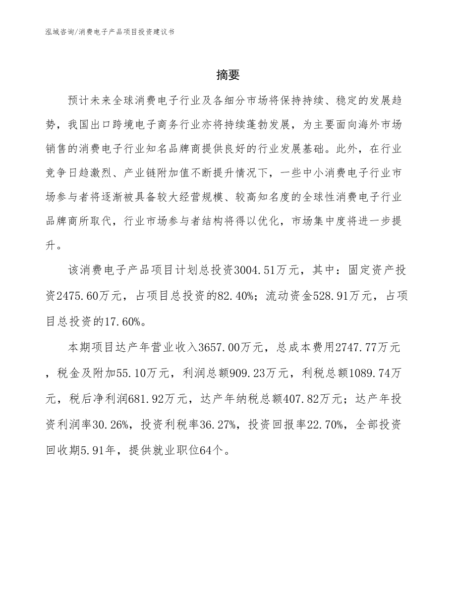 消费电子产品项目投资建议书